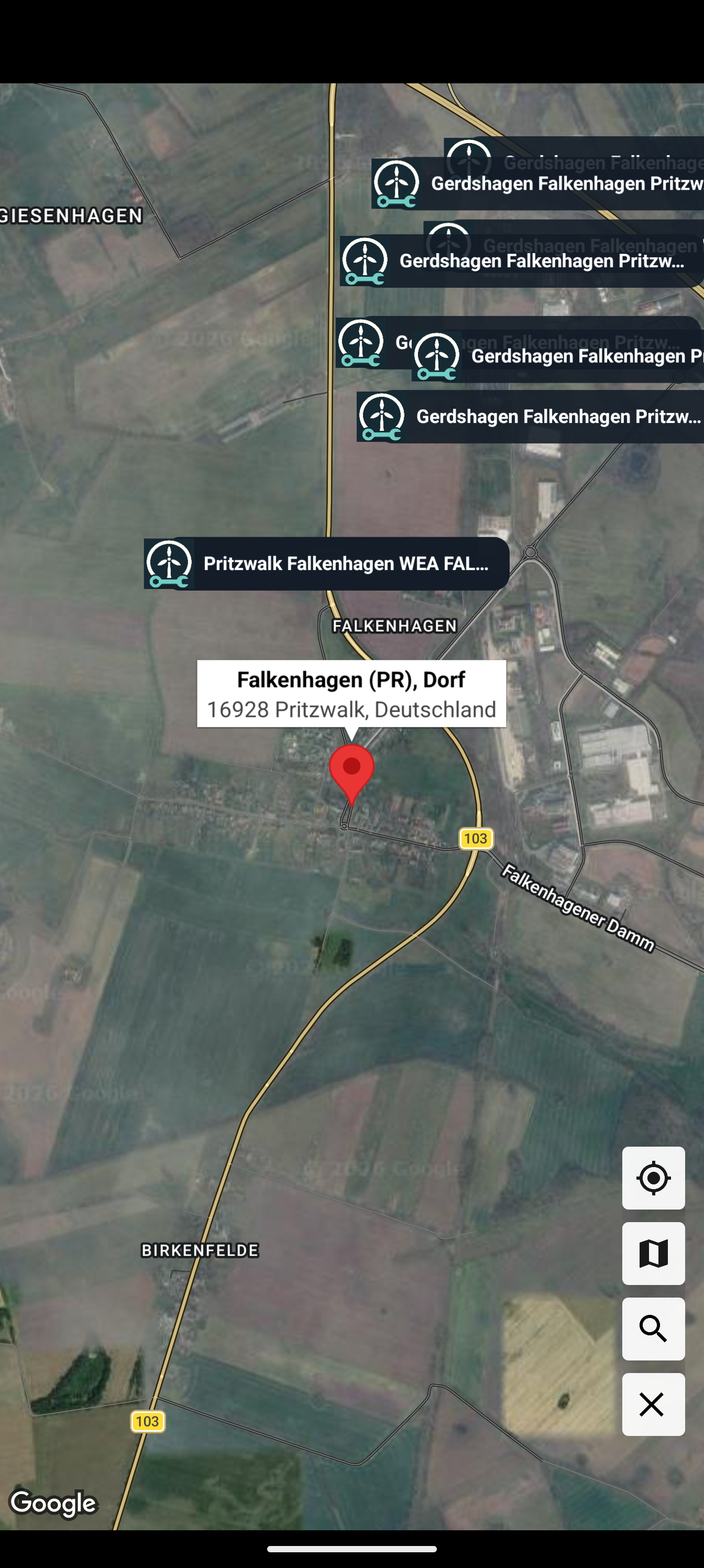 Originalansicht der WindPower-App: Satellitenkarte mit Anlagen bei Falkenhagen